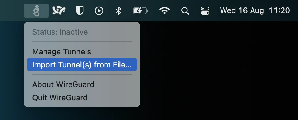WireGuard menu bar app with "Import tunnel(s) from file" highlighted